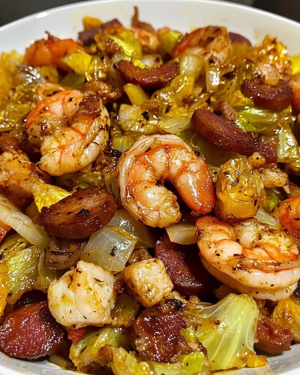 Fried Cabbage with Shrimp, Sausage & Bacon 🥬🍤🥓