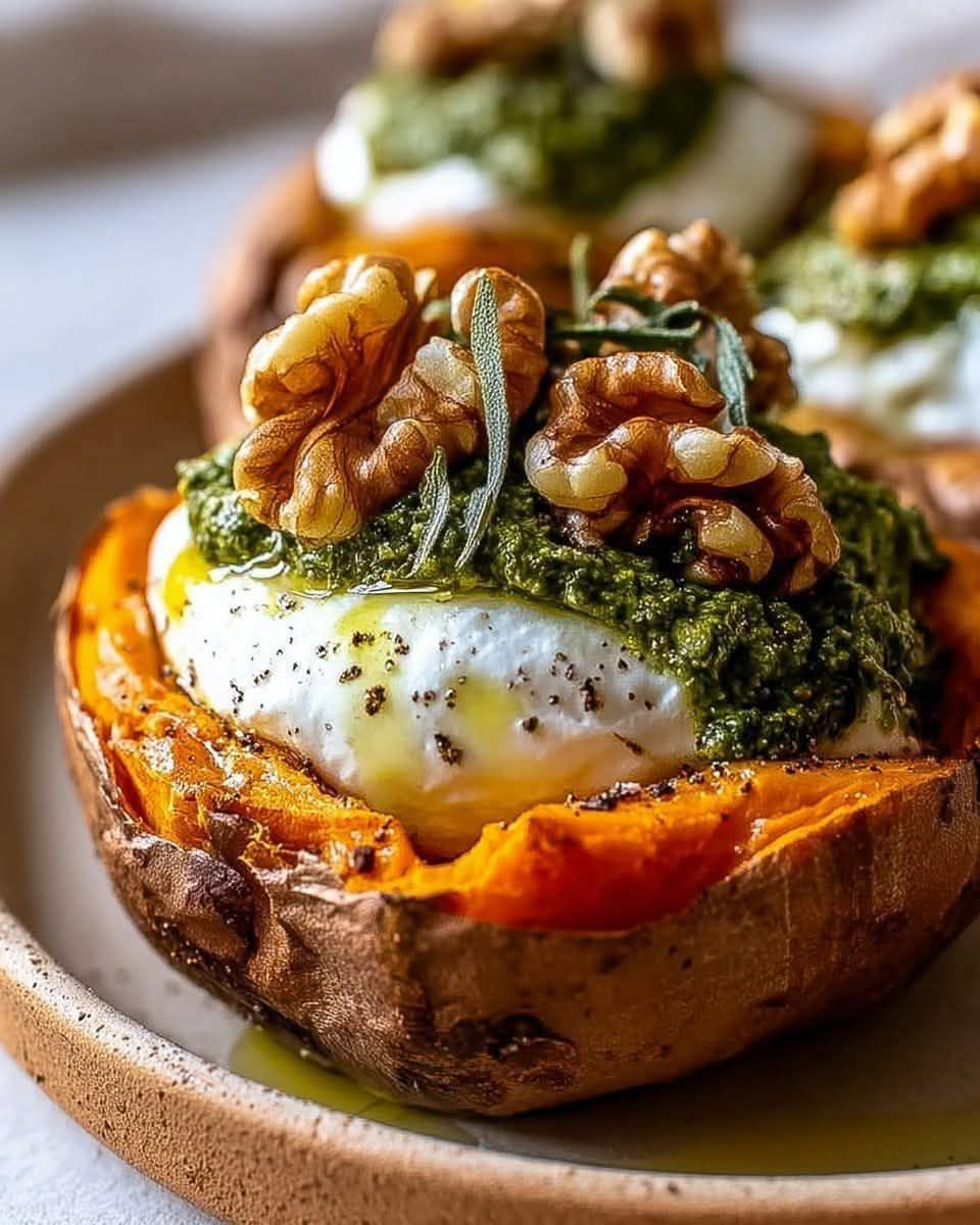 Sage & Walnut Pesto Stuffed Sweet Potatoes with Burrata