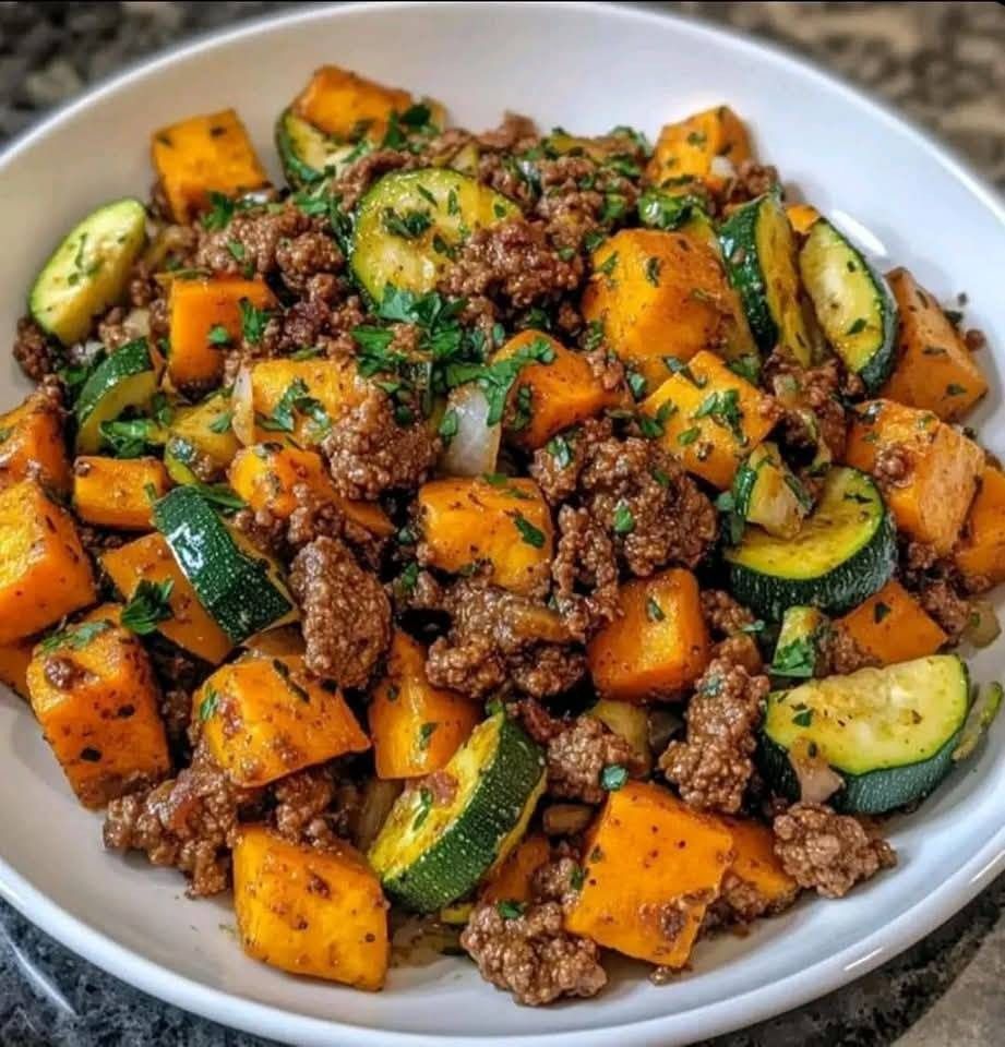 Ground Beef, Zucchini & Sweet Potato Skillet