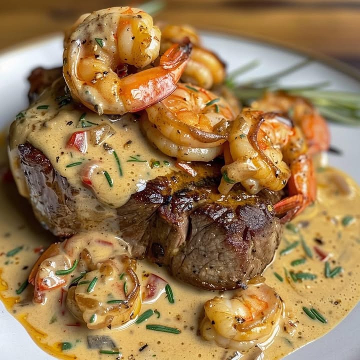 Steak in Creamy Cajun Shrimp Sauce