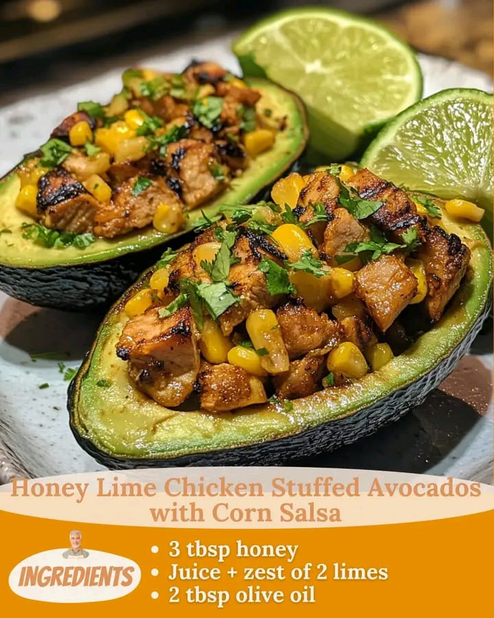 Honey Lime Chicken Stuffed Avocados with Corn Salsa