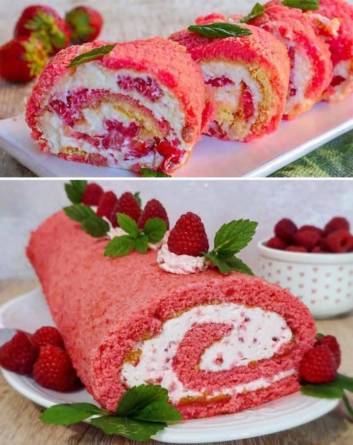 Strawberry and mascarpone swiss roll cake